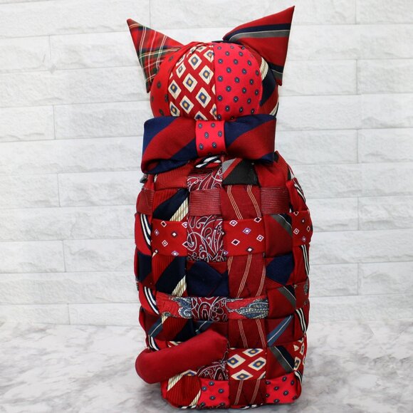 HAND CRAFTED Cat Necktie Upcycled Stuffed Decor Patchwork Feline Large Red - Picture 1 of 13